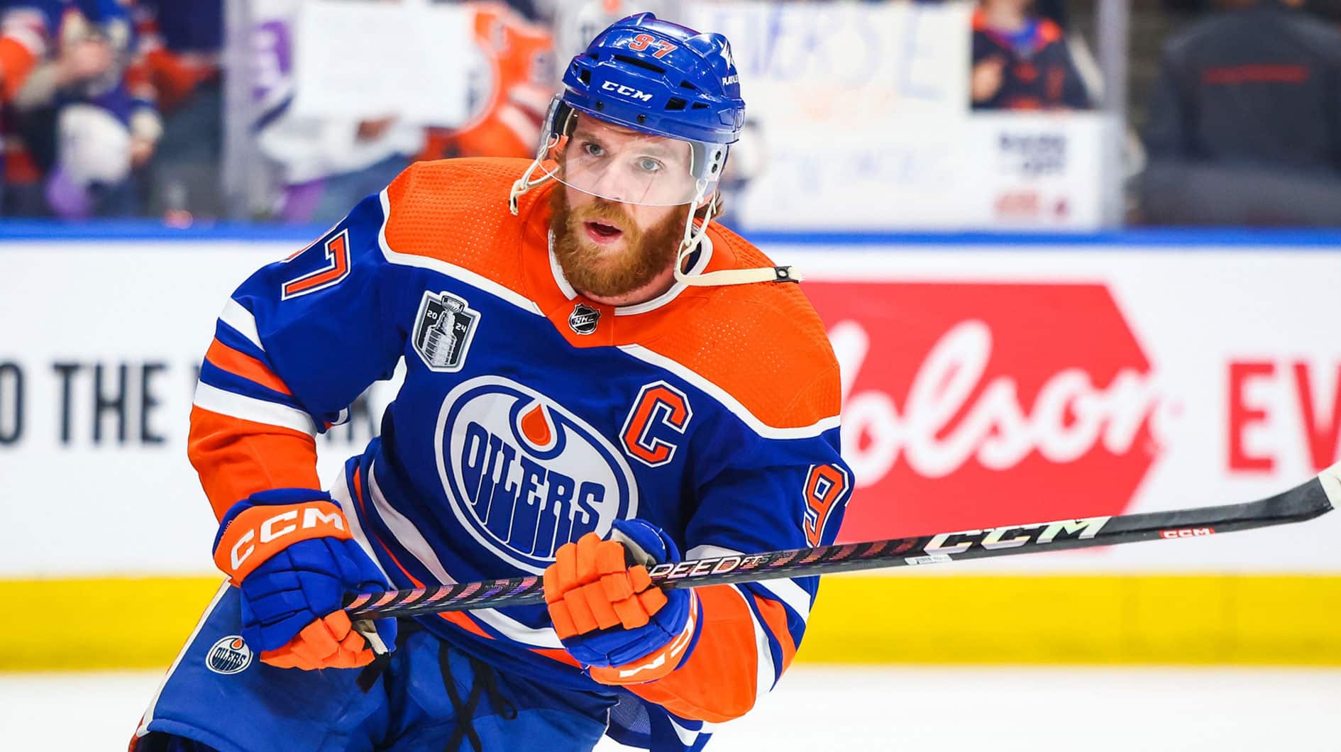 Edmonton Oilers center Connor McDavid (97) skates during the warmup period against the Florida Panthers in game six of the 2024 Stanley Cup Final at Rogers Place.