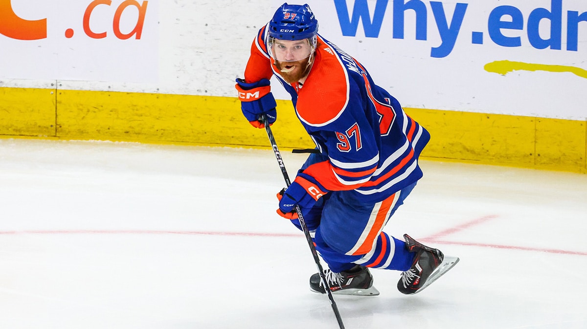 Edmonton Oilers center Connor McDavid (97) skates with the puck against the Florida Panthers during the second period in game four of the 2024 Stanley Cup Final at Rogers Place.