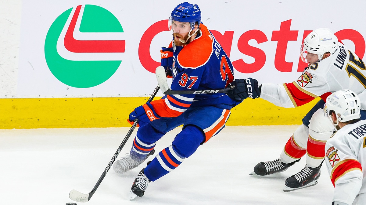 Edmonton Oilers center Connor McDavid (97) controls the puck against the Florida Panthers during the second period in game four of the 2024 Stanley Cup Final at Rogers Place.