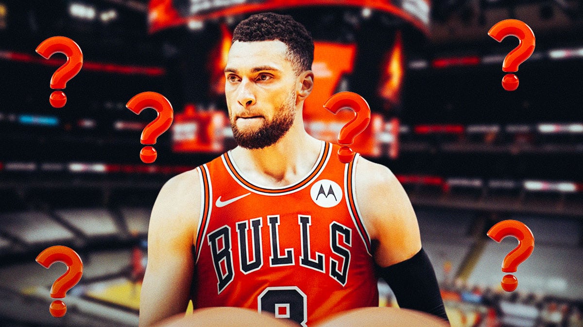 Zach Lavine on bulls court alone in bulls uniform with ? in the background