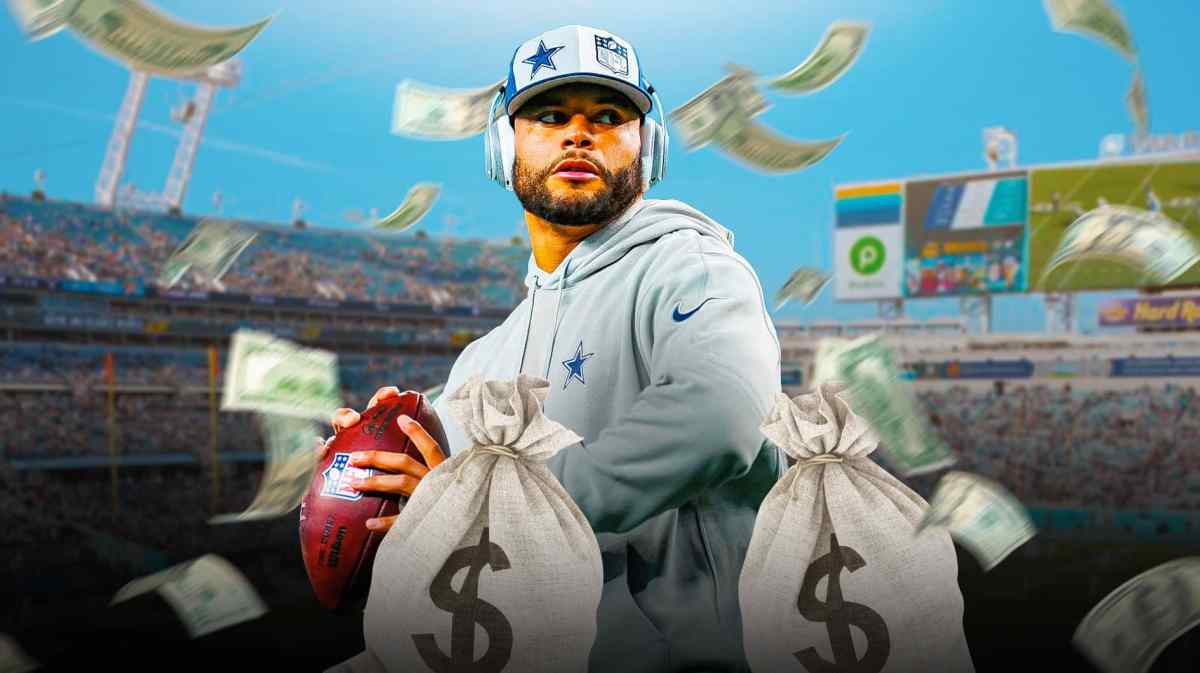 Dak Prescott with bag of money. AT&T Stadium in background