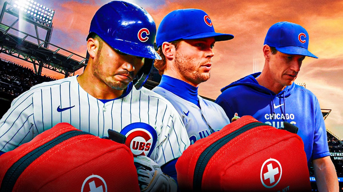 Cubs' Seiya Suzuki, Nico Hoerner, Craig Counsell with first aid kits
