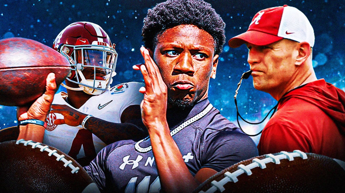 Alabama commit Keelon Russell in the middle of current starting quarterback Jalen Milroe and head coach Kalen DeBoer