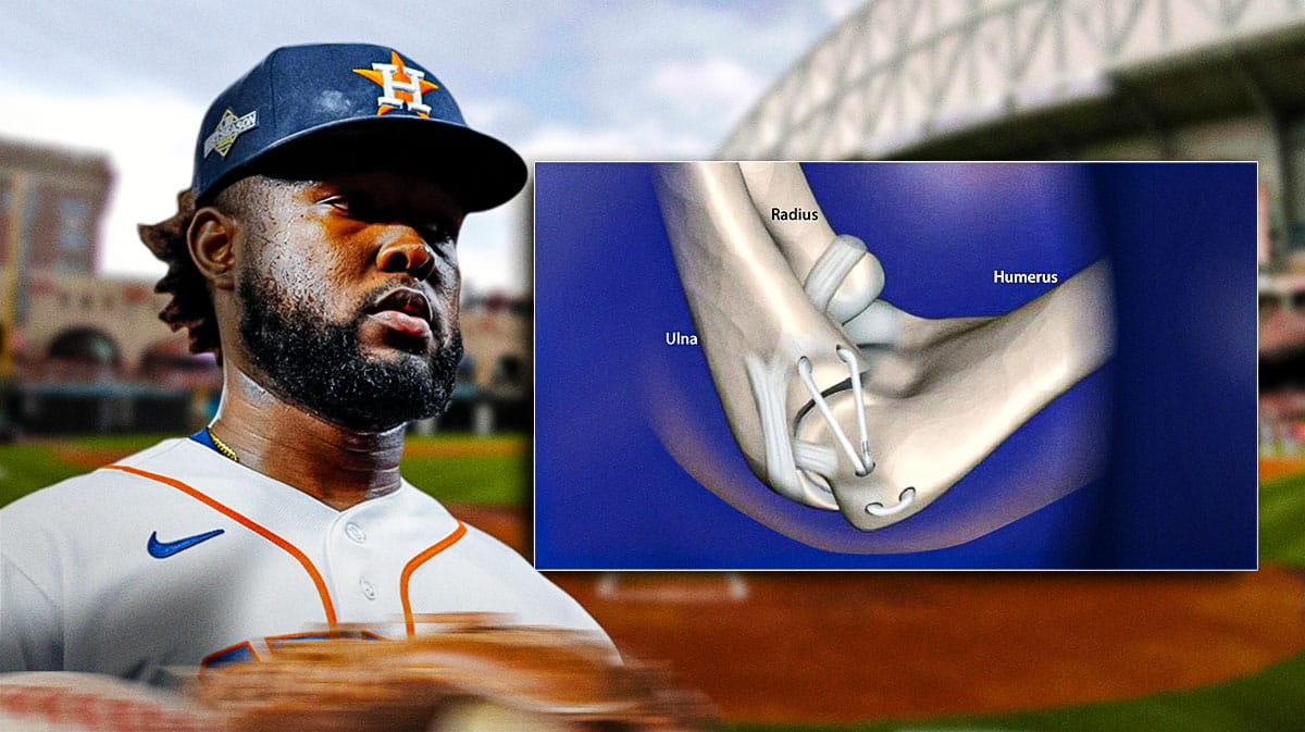 Astros' Cristian Javier frustrated, with Tommy John surgery diagram beside him