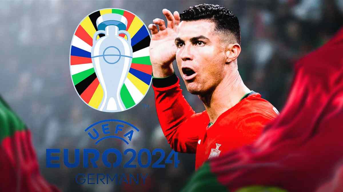 Cristiano Ronaldo shouting in front of the Euro 2024 logo