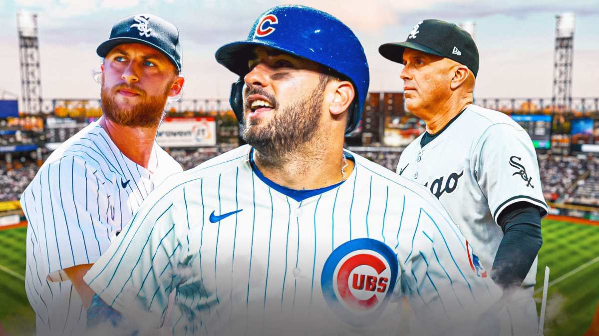 Cubs' Mike Tauchman with White Sox Michael Kopech and Pedro Grifol