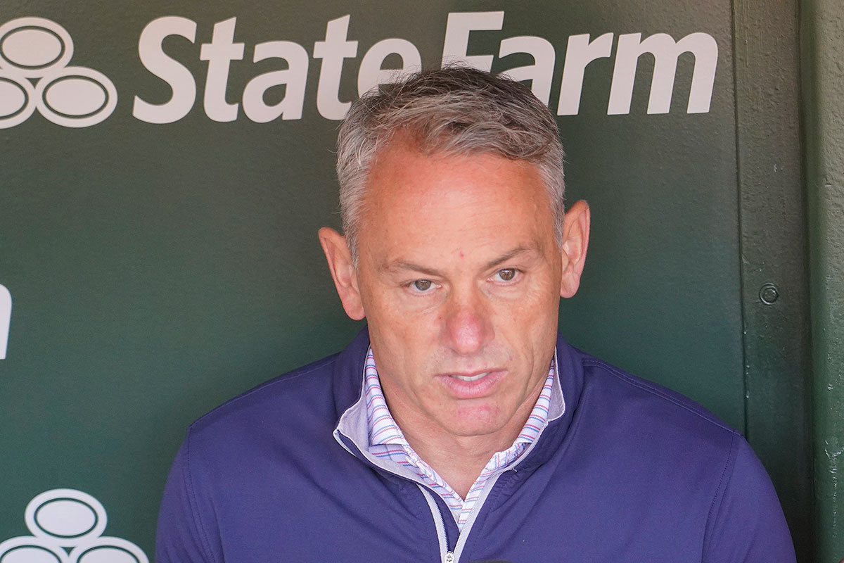 Jed Hoyer President of the Chicago Cubs talks to the media before a game between the Chicago Cubs and the Miami Marlins at Wrigley Field.