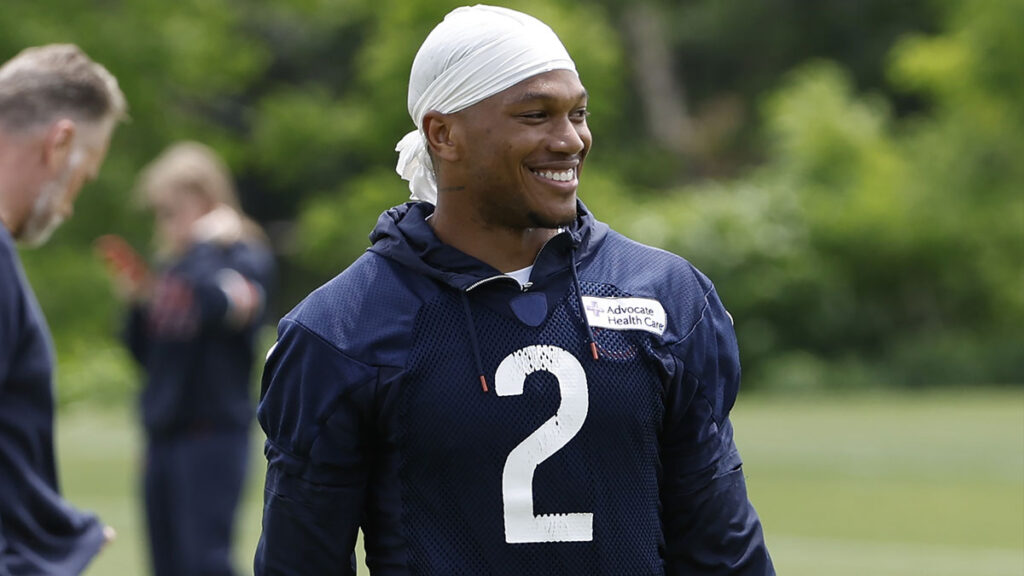 Chicago Bears wide receiver DJ Moore (2) smiles during the team's minicamp at Halas Hall. 