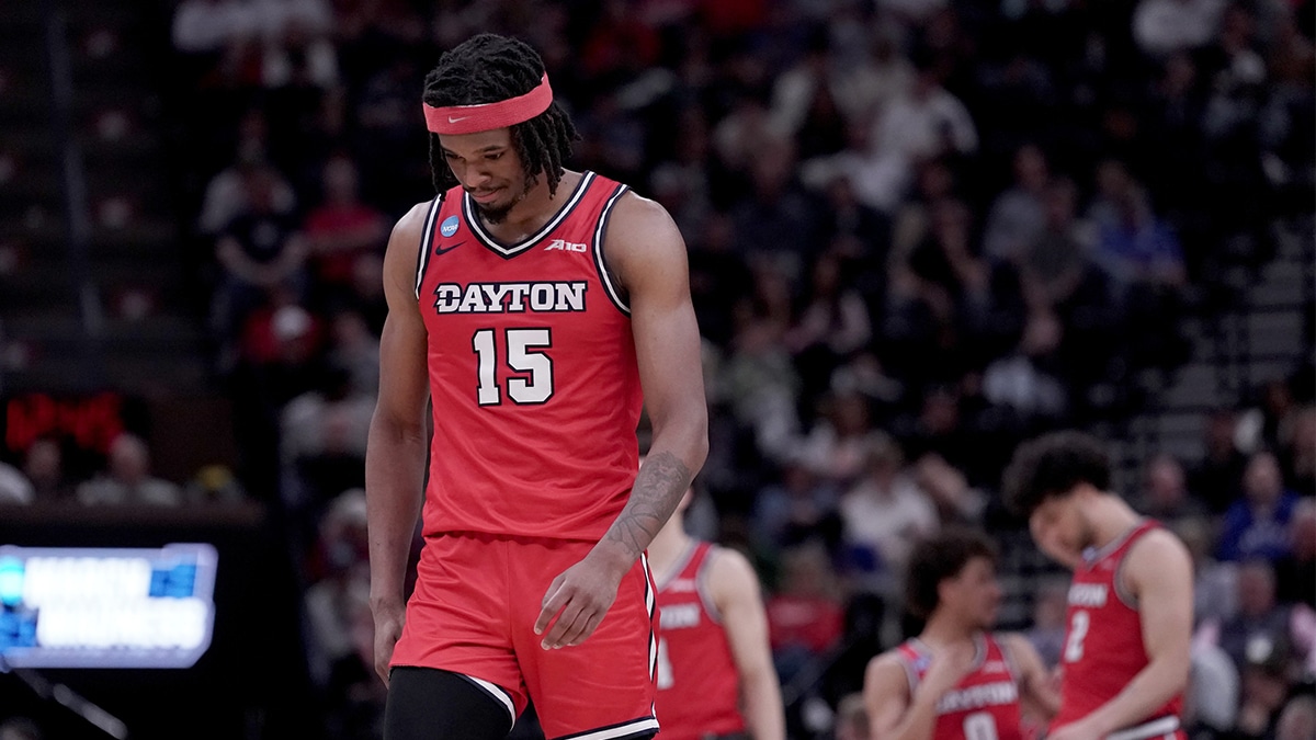 Dayton Flyers forward DaRon Holmes II (15) reacts during the second half in the second round of the 2024 NCAA Tournament against the Arizona Wildcats at Vivint Smart Home Arena-Delta Center.