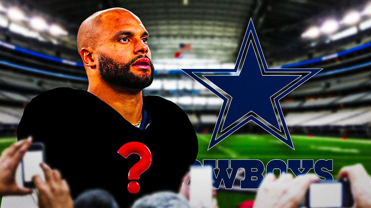 Cowboys QB Dak Prescott wearing a blank jersey with a question mark in the middle. There is also a logo for the Dallas Cowboys.