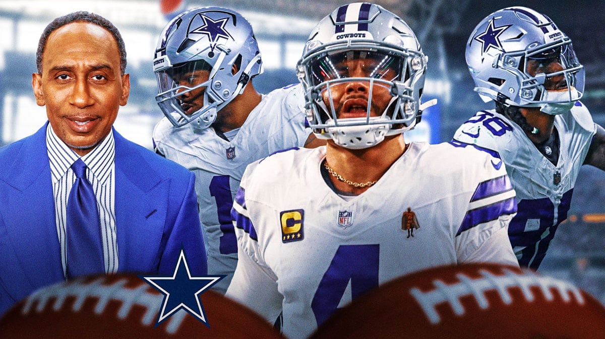 Dallas Cowboys QB Dak Prescott with linebacker Micah Parsons and wide receiver CeeDee Lamb and American TV personality Stephen A Smith. There is also a logo for the Dallas Cowboys.