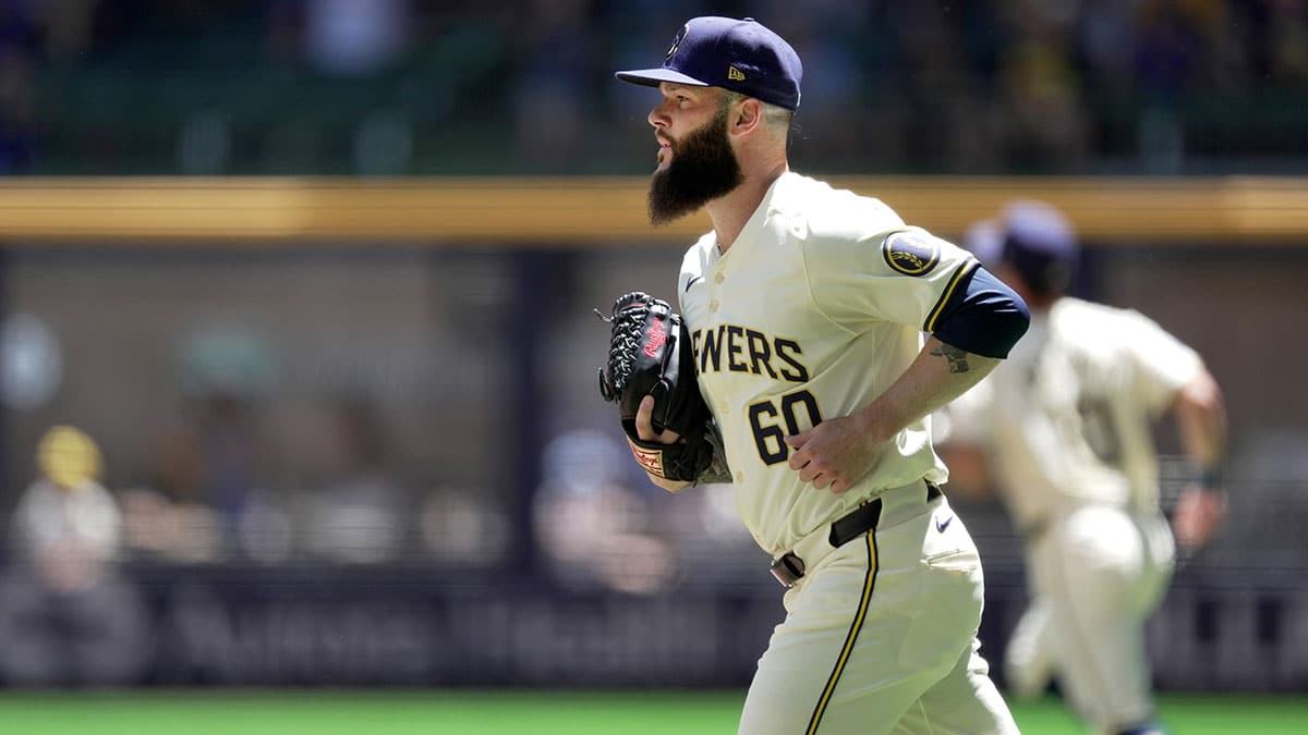 Milwaukee Brewers pitcher Dallas Keuchel (60) trots to the mound for the first inning of their game against the Texas Rangers Wednesday, June 26, 2024 at American Family Field in Milwaukee,