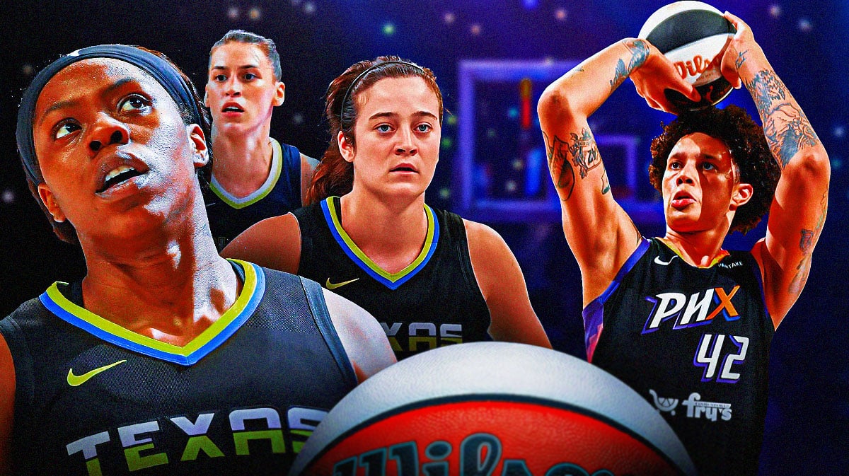 Dallas Wings players Arike Ogunbowale, Maddy Siegrist, and Sevgi Uzun on left looking serious. Phoenix Mercury Brittney Griner shooting a basketball on right.