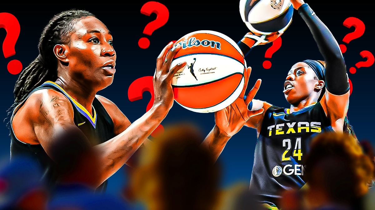 Wings Arike Ogunbowale and Wings Natasha Howard both shooting basketballs. Place question marks all around them.