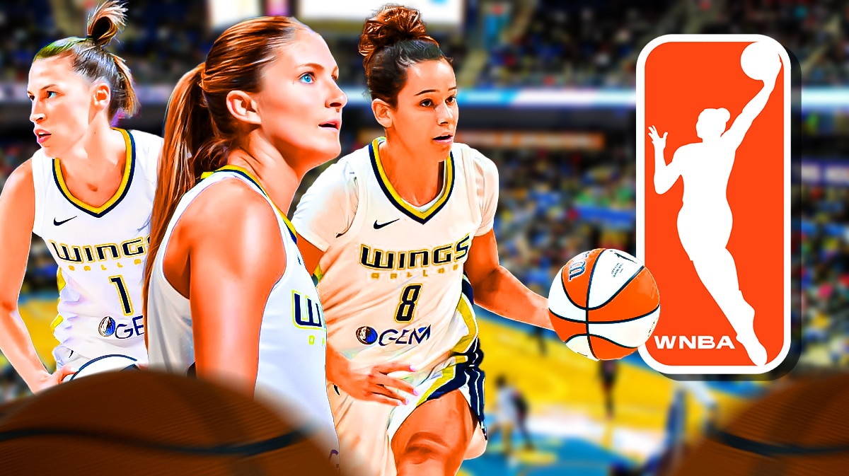 Wings Jacy Sheldon, Wings Lou Lopez Senechal, and Wings Sevgi Uzun all on left looking serious. Need the WNBA 2024 logo on right. In background, place the Dallas Wings arena.