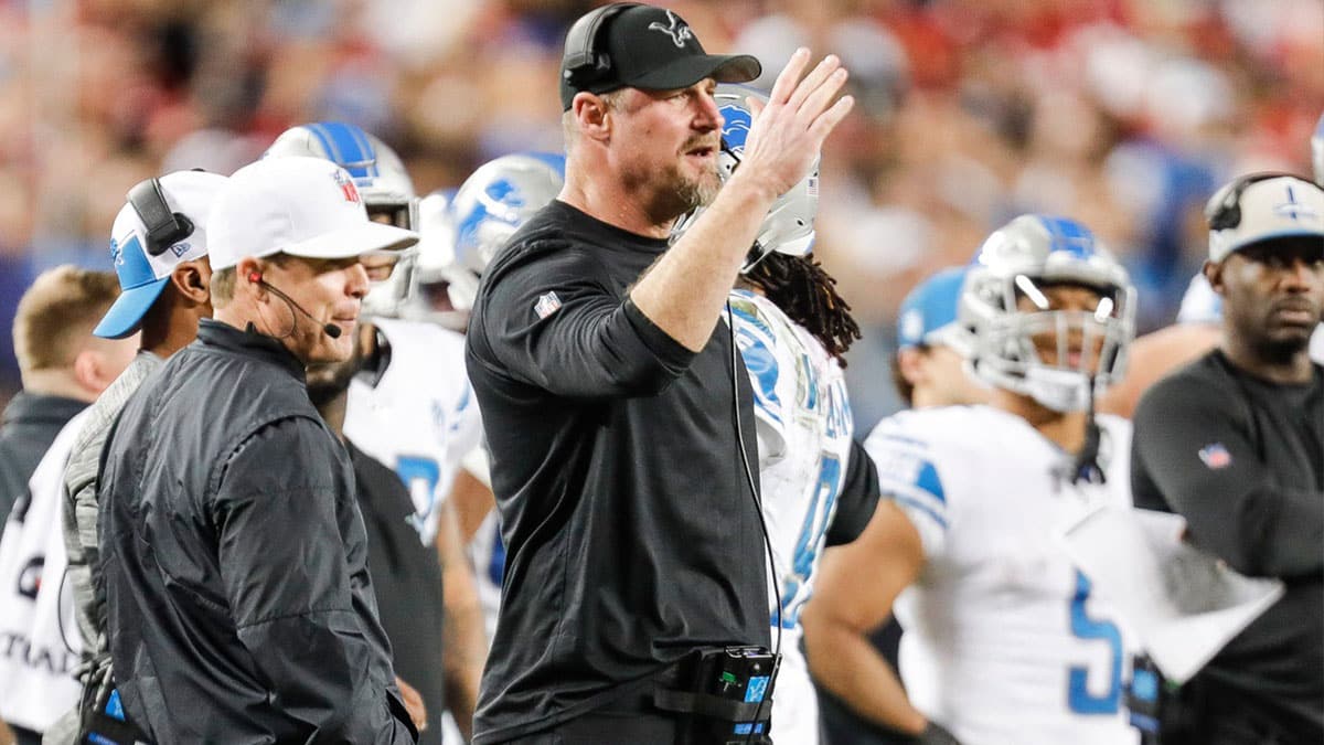 Detroit Lions coach Dan Campbell reacts to a play against the San Francisco 49ers during the second half of the Lions' 34-31 loss in the NFC championship game in Santa Clara, California, on Sunday, Jan. 28, 2024.