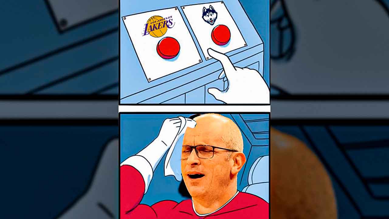 UConn basketball coach Dan Hurley with Lakers logo.