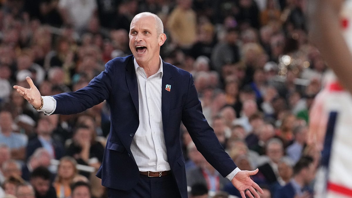 Connecticut Huskies head coach Dan Hurley shouts to his team during the Men's NCAA national championship game against the Purdue Boilermakers at State Farm Stadium in Glendale on April 8, 2024.