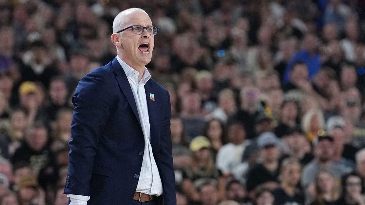 Connecticut Huskies head coach Dan Hurley shouts at his team during the Men's NCAA national championship game against the Purdue Boilermakers at State Farm Stadium in Glendale on April 8, 2024.