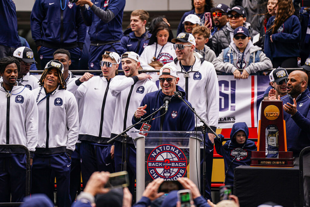 Dan Hurley and the UConn Huskies after winning their second consecutive National Championship