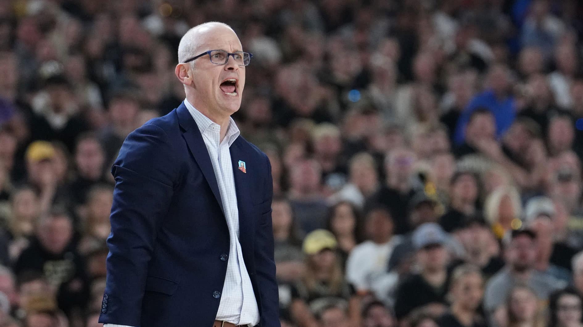 Connecticut Huskies head coach Dan Hurley shouts at his team during the Men's NCAA national championship game against the Purdue Boilermakers at State Farm Stadium in Glendale on April 8, 2024.
