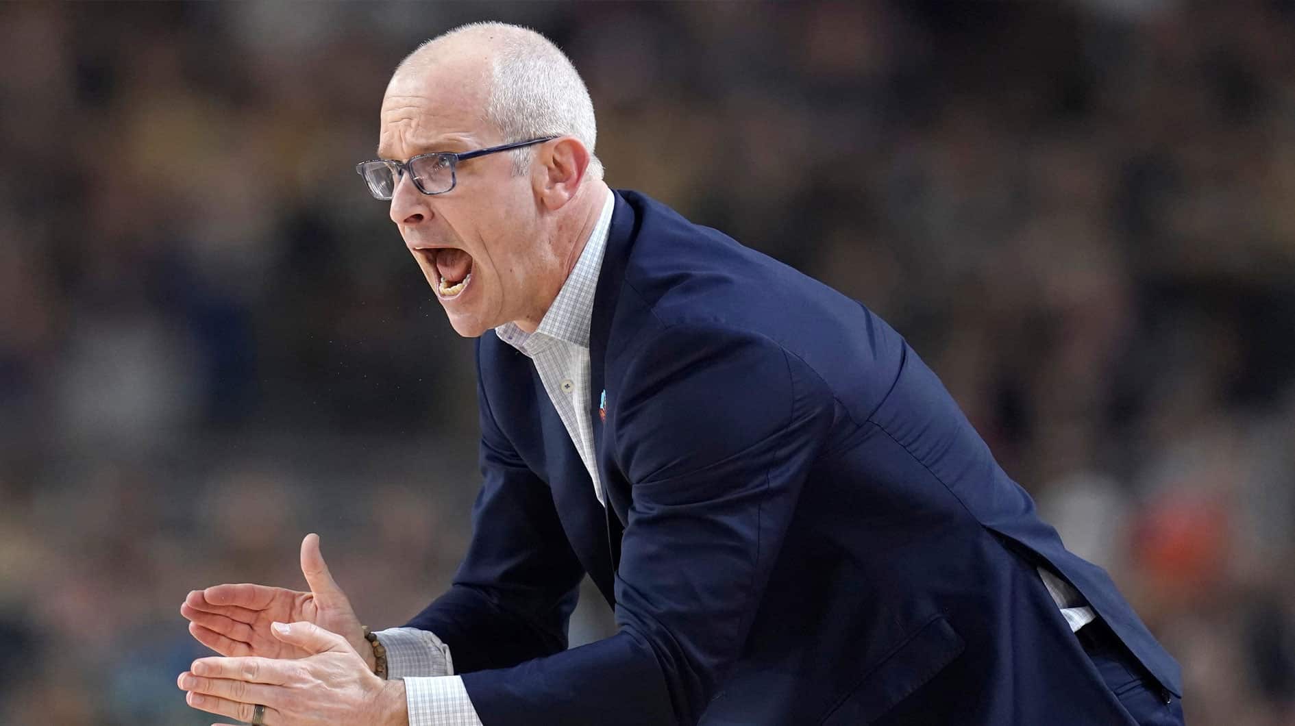 Connecticut Huskies head coach Dan Hurley yells down court during the NCAA Men’s Basketball Tournament Championship against the Purdue Boilermakers, Monday, April 8, 2024, at State Farm Stadium in Glendale, Ariz.
