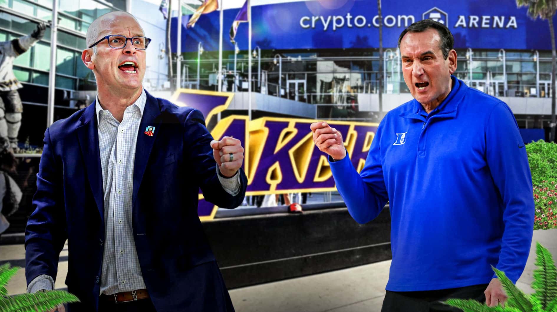 Dan Hurley side-by-side Mike Krzyzewski with Lakers logo in the background.