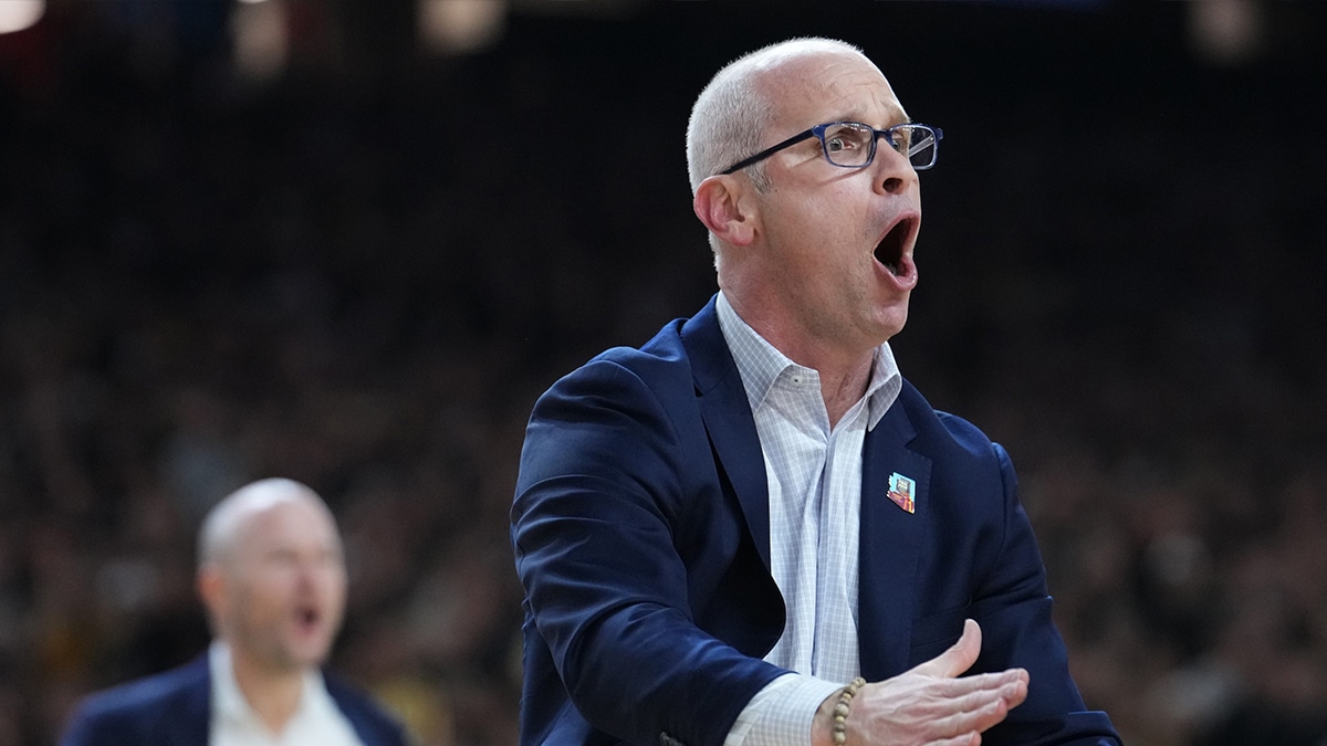 Connecticut Huskies head coach Dan Hurley shouts during the Men's NCAA national championship game against the Purdue Boilermakers at State Farm Stadium in Glendale on April 8, 2024.
