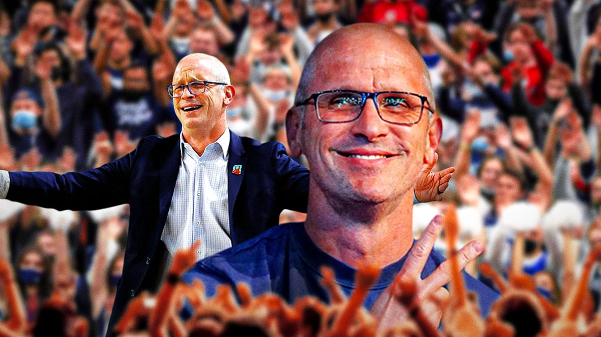 UConn basketball coach Dan Hurley surrounded by Huskies fans