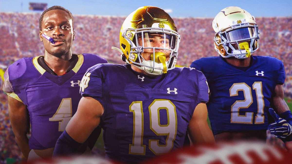 Notre Dame football, Fighting Irish, Notre Dame football offseason, Jaden Greathouse, Jaden Greathouse Notre Dame, Jaden Greathouse, Jeremiyah Love and Don Shuler all in Notre Dame unis with Notre Dame football stadium in the background