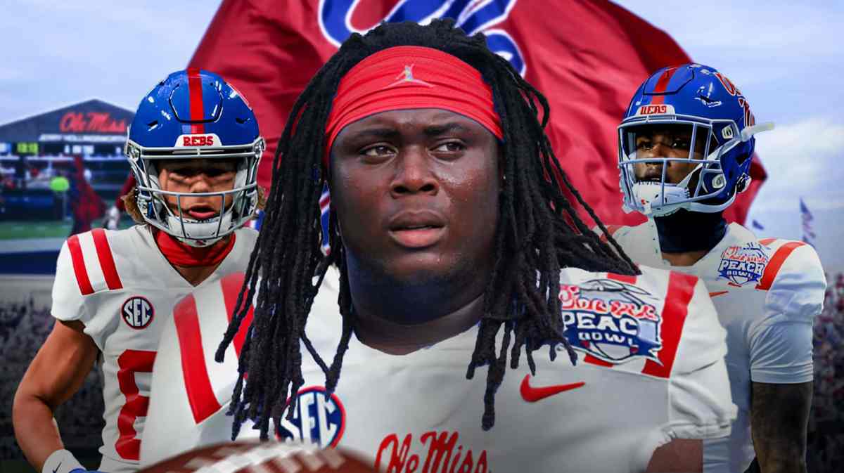 Ole Miss football, Rebels, Ole Miss football offseason, Cayden Lee, Cayden Lee Ole Miss, Cayden Lee, Ayden Williams and Diego Pounds all in Ole Miss football unis with Ole Miss football stadium in the background
