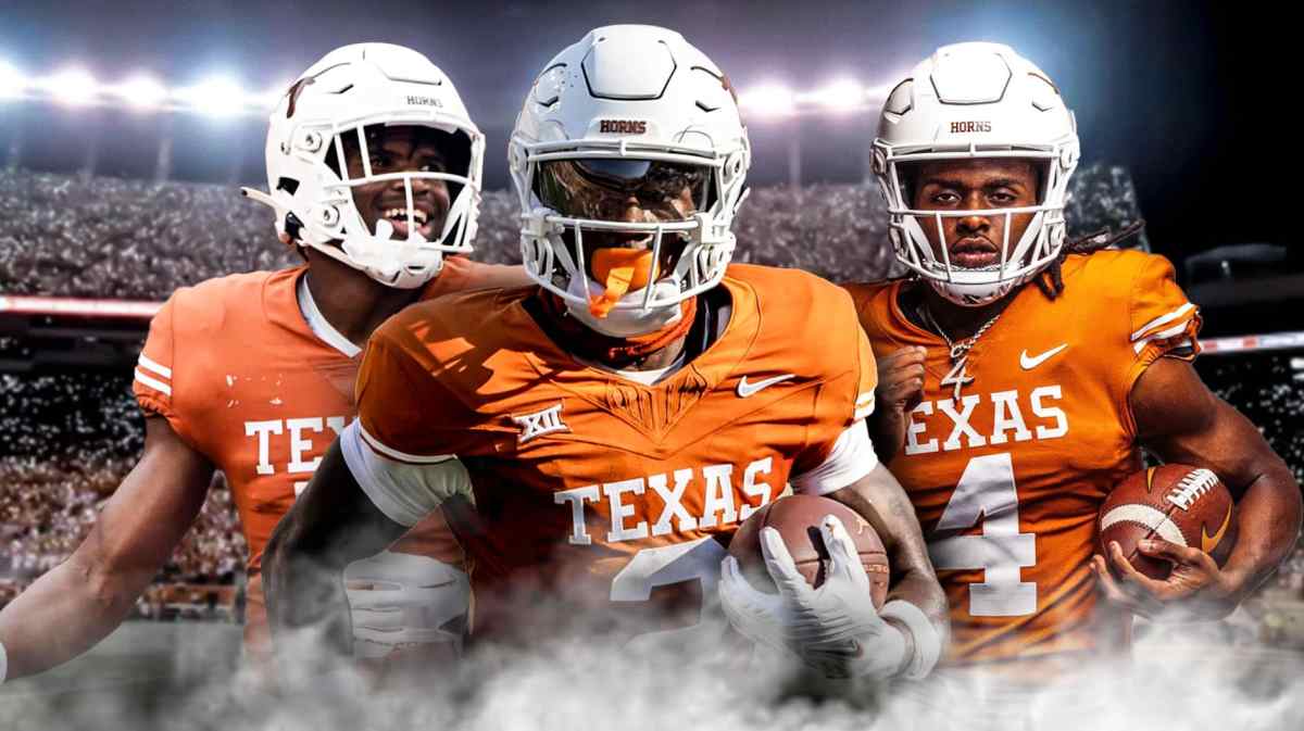 Texas football, Longhorns, CJ Baxter, CJ Baxter Texas, Texas football offseason, Ryan Wingo, Johntay Cook II and CJ Baxter all in Texas unis with Texas football stadium in the background