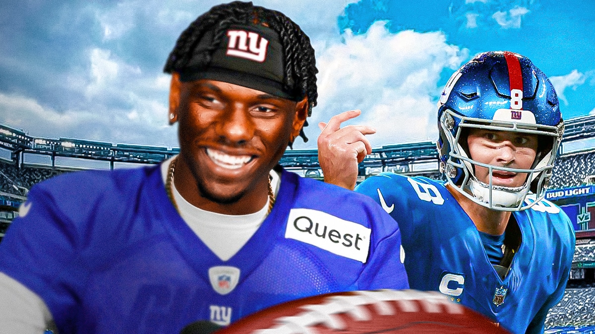 Daniel Jones and Malik Nabers with MetLife Stadium in background
