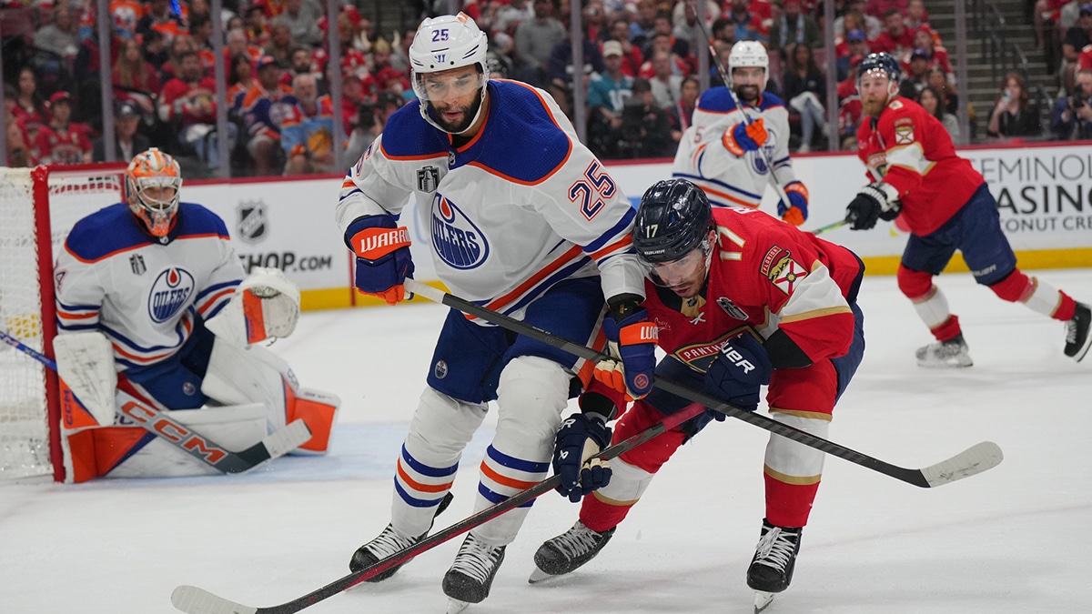 Edmonton Oilers defenseman Darnell Nurse (25) defends against Florida Panthers forward Evan Rodrigues (17) during the second period in game one of the 2024 Stanley Cup Final at Amerant Bank Arena.