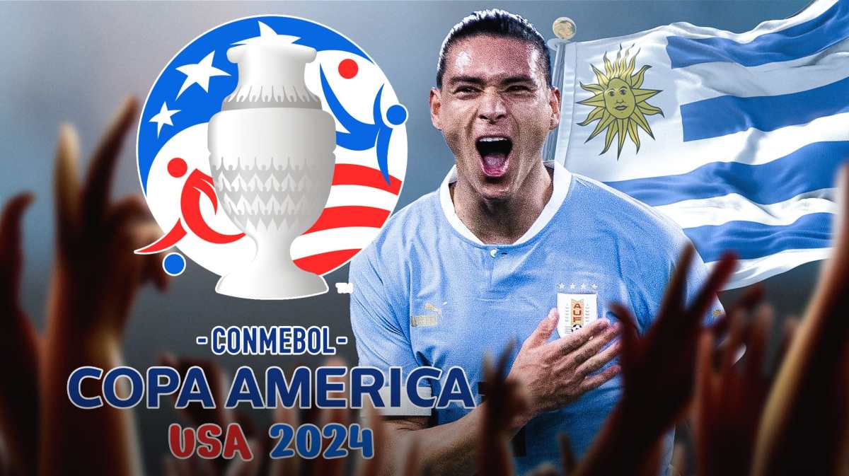 Darwin Nunez celebrating in front of the Uruguayian flag and the Copa America logo