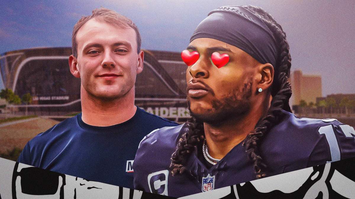 Davante Adams with heart eyes looking at Brock Bowers