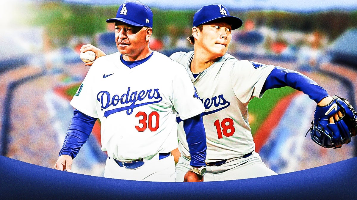 Los Angeles Dodgers star Yoshinobu Yamamoto and manager Dave Roberts in front of Dodger stadium.