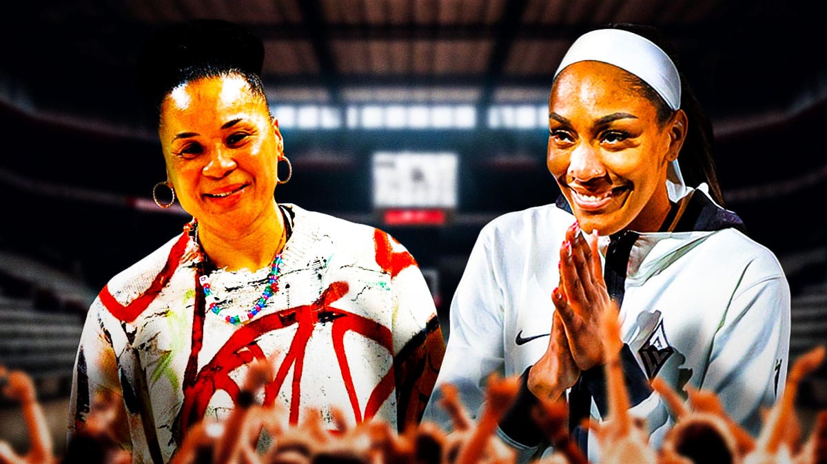 Dawn Staley smiling at Aces' A'ja Wilson