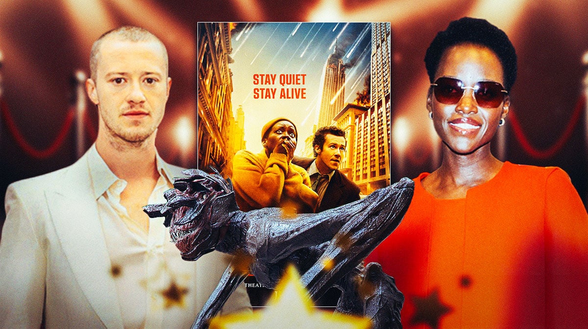 Joseph Quinn and Lupita Nyong'o with Quiet Place monster and A Quiet Place: Day One poster.