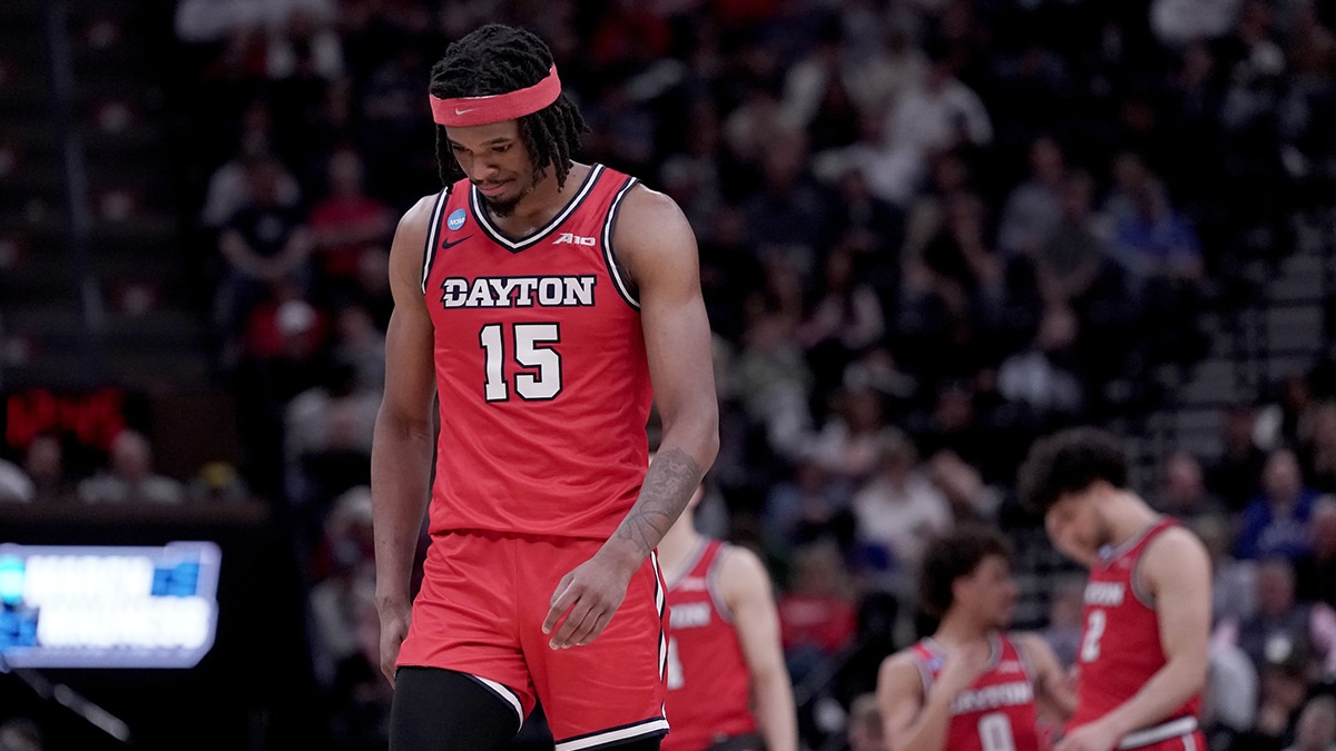 Mar 23, 2024; Salt Lake City, UT, USA; Dayton Flyers forward DaRon Holmes II (15) reacts during the second half in the second round of the 2024 NCAA Tournament against the Arizona Wildcats at Vivint Smart Home Arena-Delta Center. Mandatory Credit: Gabriel Mayberry-USA TODAY Sports