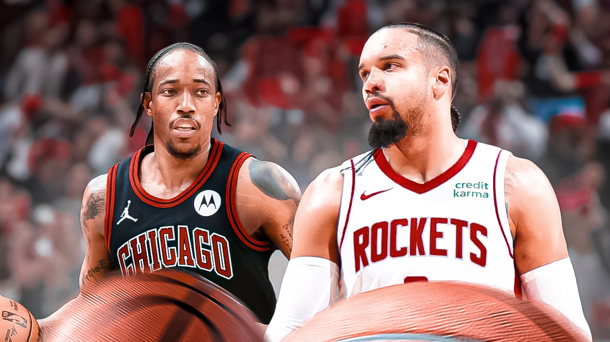 DeMar DeRozan, Dillon Brooks, Bulls, Rockets, DeMar DeRozan Dillon Brooks, DeMar DeRozan and Dillon Brooks with Bulls arena in the background