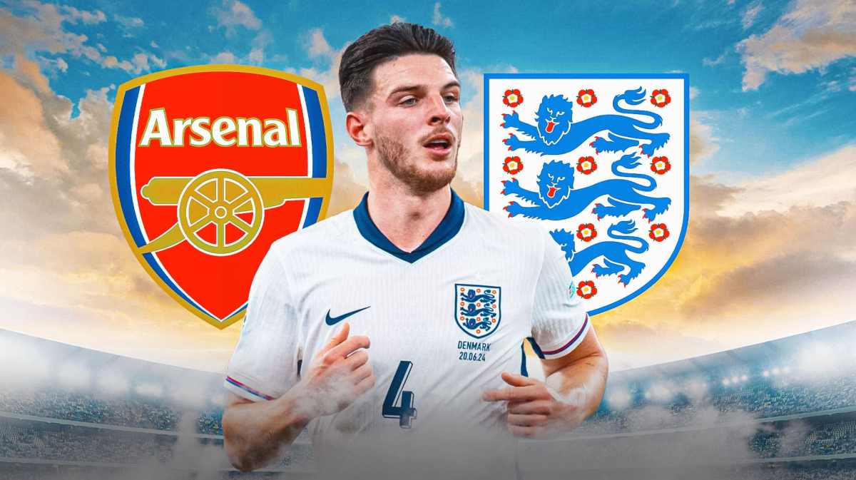 Declan Rice in front of the Arsenal and England team logos
