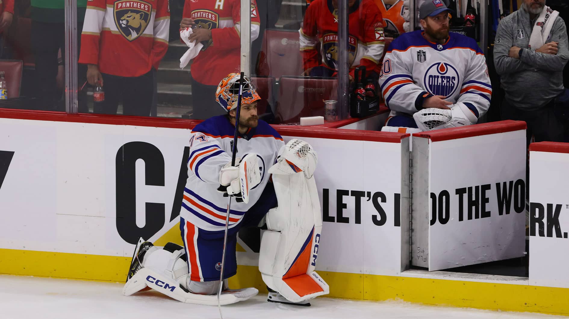  Edmonton Oilers goaltender Skinner Stuart (74) looks on after the empty net goal by Florida Panthers during the third period in game two of the 2024 Stanley Cup Final at Amerant Bank Arena