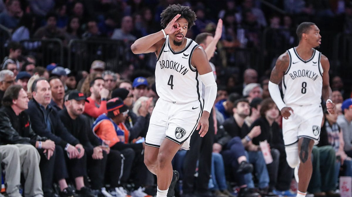 Brooklyn Nets guard Dennis Smith Jr. (4) gestures after making a three point shot in the fourth quarter against the New York Knicks at Madison Square Garden