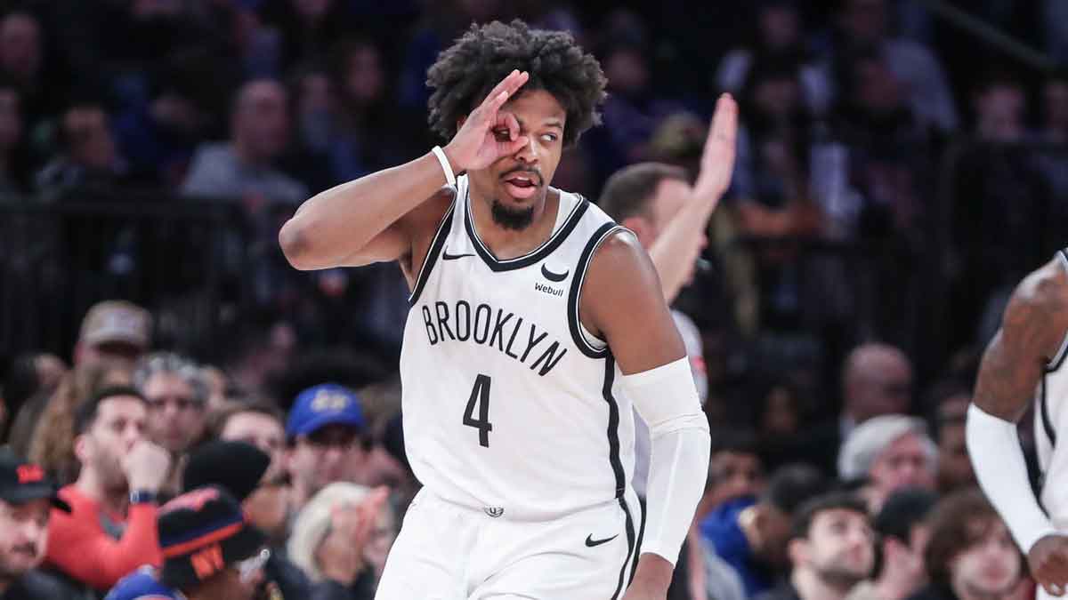 Brooklyn Nets guard Dennis Smith Jr. (4) gestures after making a three point shot in the fourth quarter against the New York Knicks at Madison Square Garden.