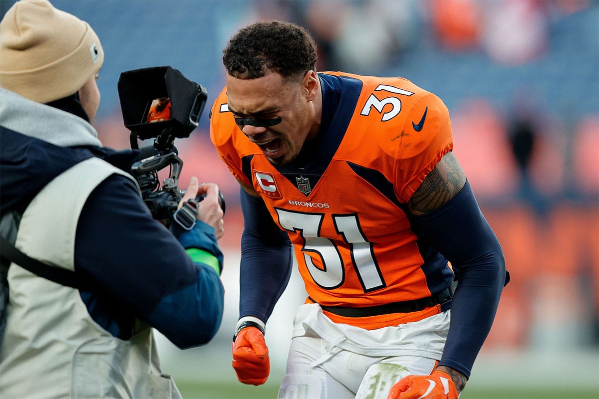 Denver Broncos safety Justin Simmons (31) reacts after the game against the Kansas City Chiefs at Empower Field at Mile High.