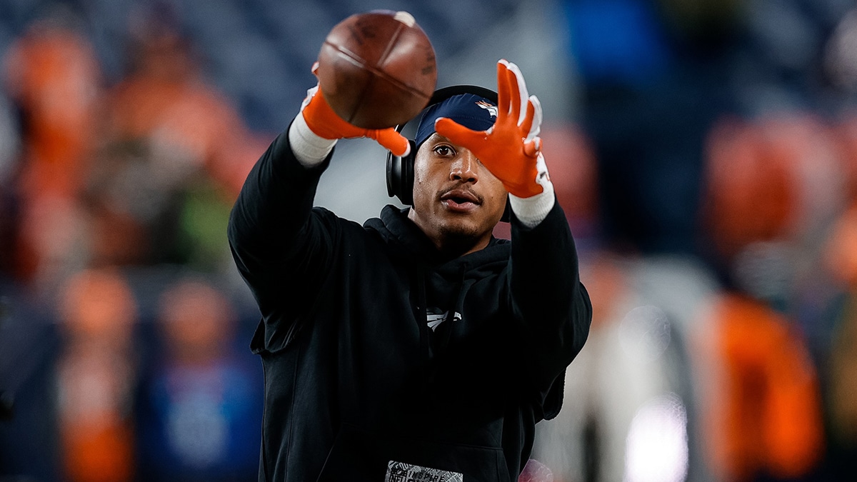 Dec 24, 2023; Denver, Colorado, USA; Denver Broncos wide receiver Courtland Sutton (14) before the game against the New England Patriots at Empower Field at Mile High. Mandatory Credit: Isaiah J. Downing-USA TODAY Sports