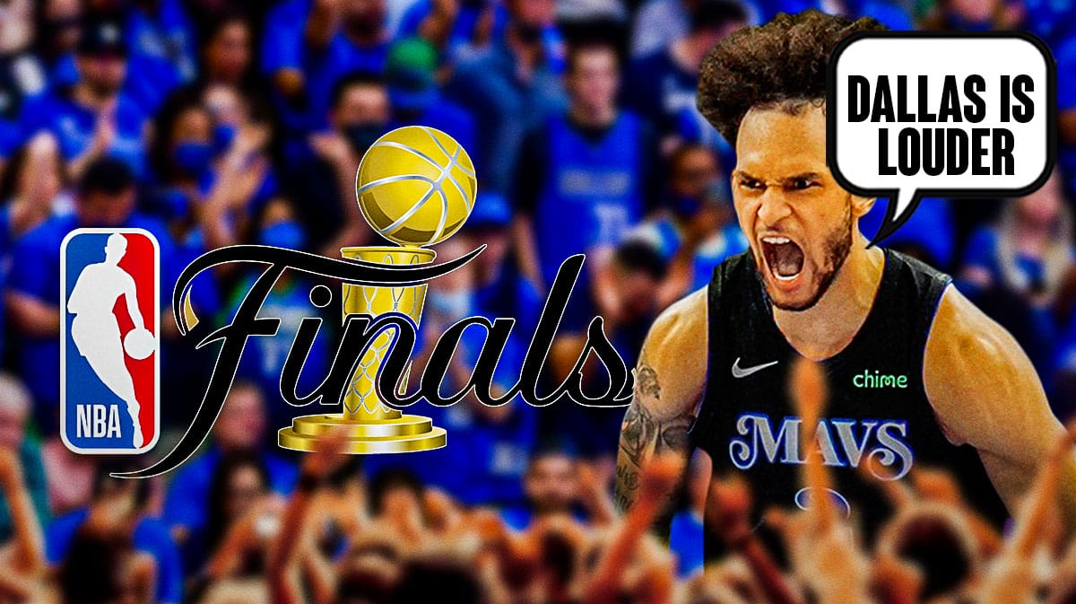 Mavs' Dereck Lively II saying "Dallas is louder" next to NBA Finals logo