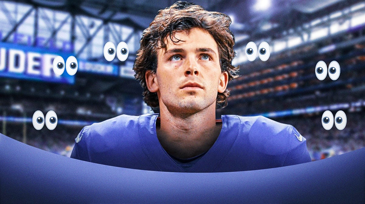 Jake Bates in a Detroit Lions uniform with a bunch of big eyes emojis in the background