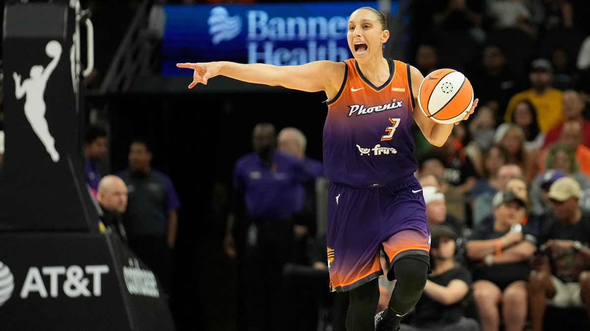 Phoenix Mercury guard Diana Taurasi (3) directs her teammates during the third quarter against the Seattle Storm.
